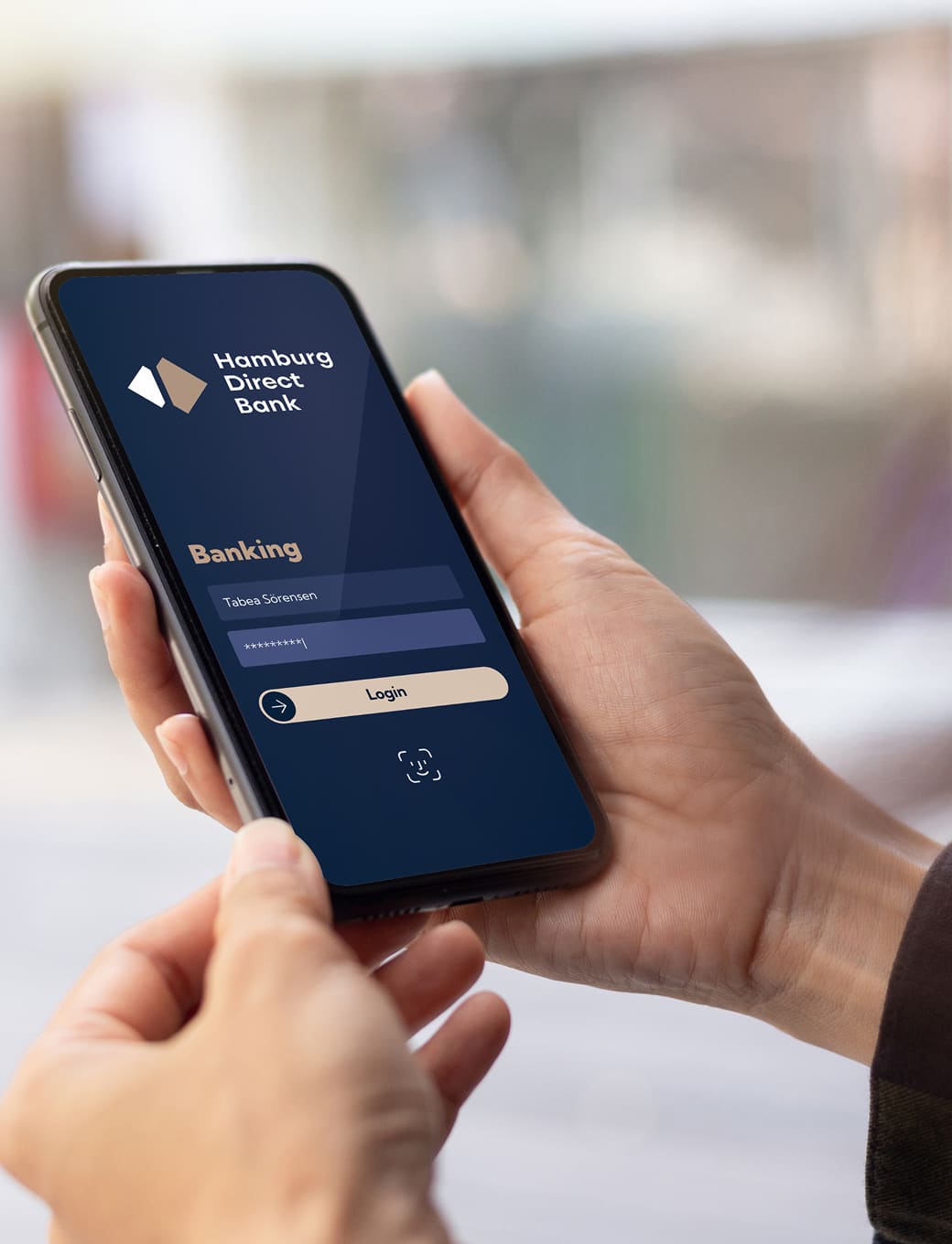 Login Maske der Hamburg Direct Bank App mit Feldern für Benutzername und Passwort sowie Button Login.